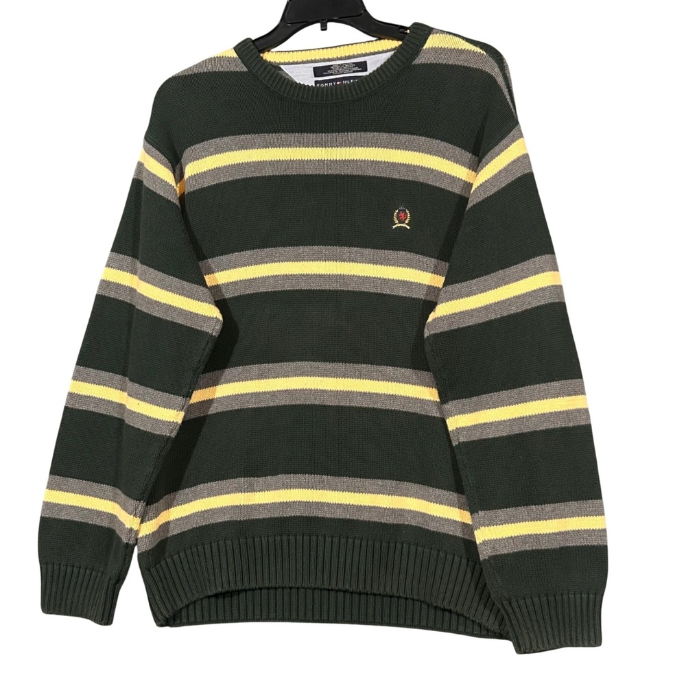 Tommy Hilfiger Mens XL Green Striped Cotton Knit Crewneck Sweater Crest Logo